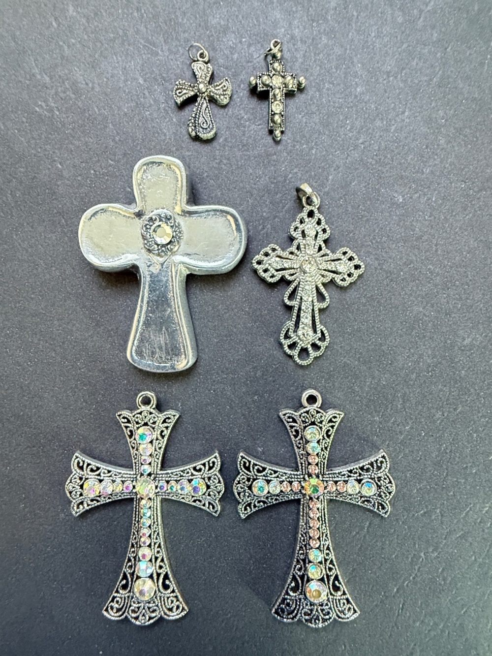 Lot of 6 Embellished Silver Tone Cross Pendants